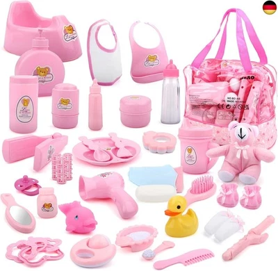 deAO 40 Teiliges Baby Puppen Zubehörset, inklusive einer Tragetasche, Kleidung,