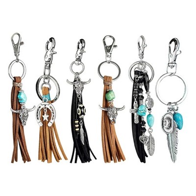 Western Charm Alloy Keychain With Horseshoe Leaf Fringe For Bag Decoration