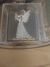 Authentic Hand Spun Glass Angel Ornament with Star & Gold Accents, Display Case 