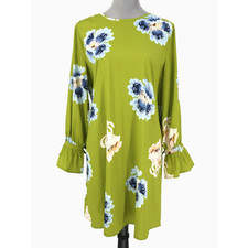 Loft Dress Womens Medium Lime Green Blue Floral Zip Long Sleeves Tie Cuffs Shift