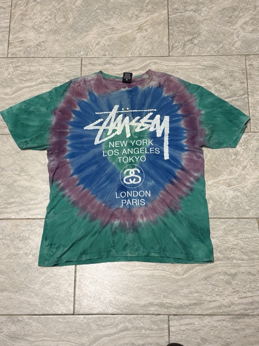Stussy World Tour Tie Dye T-Shirt - Teal Purple - Size Large