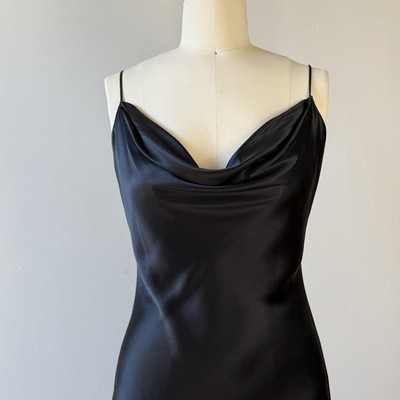 black bias cut slip dress Victoria's Secret Y2k Black Silk Bias Cut Slip Dress Tie Back L