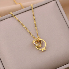 Gold Zircon Heart Necklace Stainless Steel Clavicle Chain Pendant Women Gift