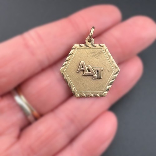 Vintage A&Z 12k Yellow Gold Filled Alpha Delta Pi Hexagon Charm 1"