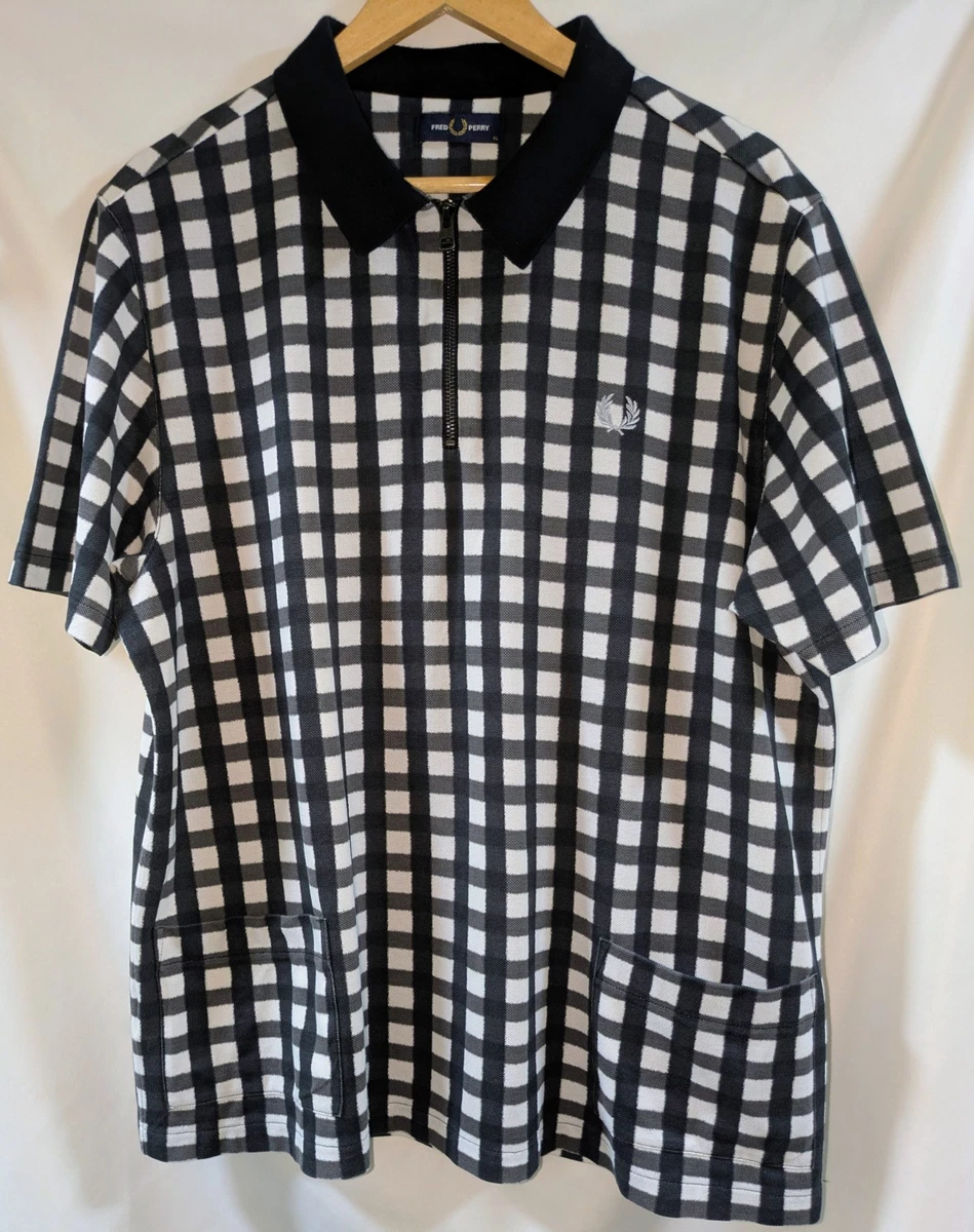 Fred Perry Polo Cuello Camisero Cremallera Check Negro Blanco XL Bolsillo M5659