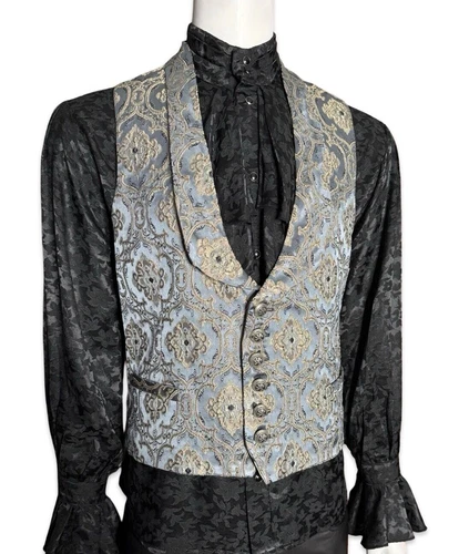SHRINE MONTE CRISTO Blue BROCADE ARISTOCRAT VICTORIAN VAMPIRE VINTAGE VEST - product listing photo