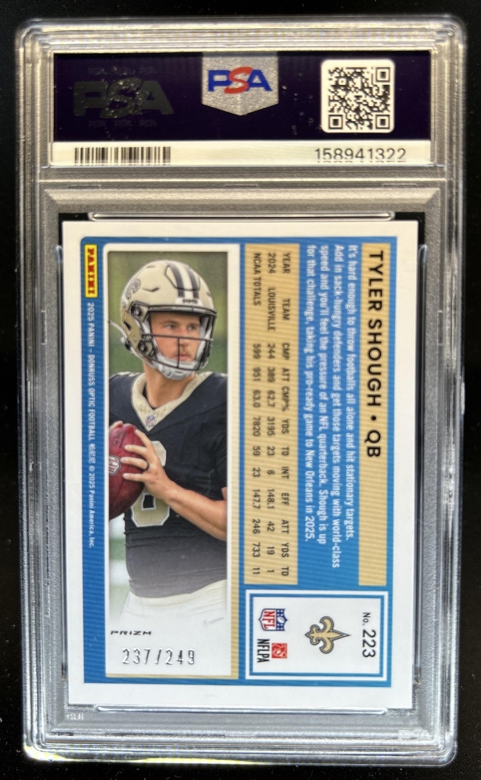 2025 Panini Donruss Optic Tyler Shough Rated Rookie Blue Prizm #/249 PSA 10 view 2