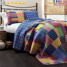 Reversible Boho Patchwork Quilt Set Full Queen Bed Cotton Bedding 3 Piece New