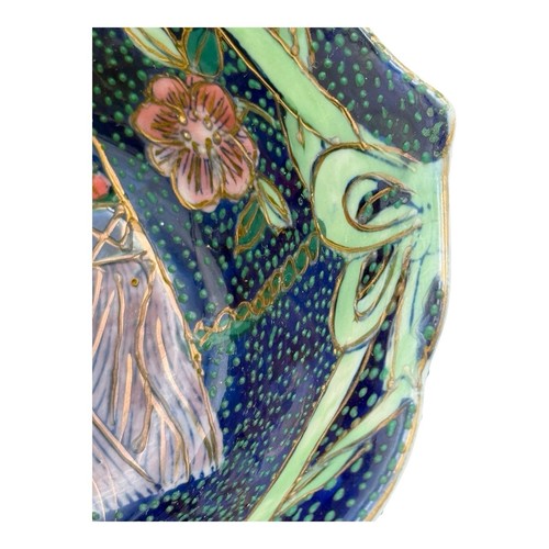 Blue Porcelain Asian Hex Bowl Pink Flowers Gold Trim Cloisonne 6" The Great Wall - Picture 7 of 19