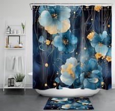 Modern Abstract Blue and Gold Floral Shower Curtain Set for Bathroom Decor