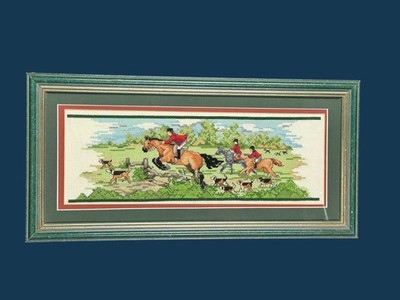 Framed Fox Hunt Cross Stitch Artwork English Scene Den Equesterian Decor