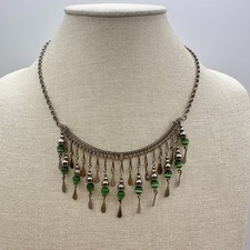 Vintage 90s Green Cats Eye Beaded Fringe Bib Necklace Silver Tone Jewelry