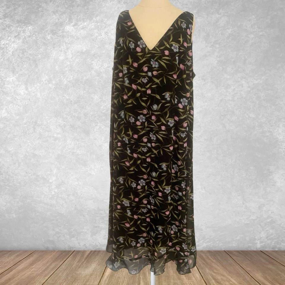 VTG 90s Y2K Plus Sz 20W Maxi Dress Black Floral Cottagecore Grunge Whimsigoth - Image 2 of 4