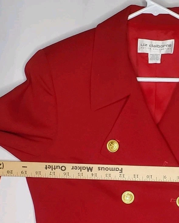 Blazer corto Liz Claiborne Union de colección para mujer 8P rojo lana dorado botón pecho doble Foto 3 de 4