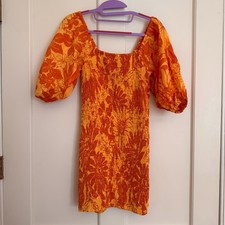 Faithful The Brand Luana Mini Dress Orange Yellow Floral Smocked Linen Sz Small