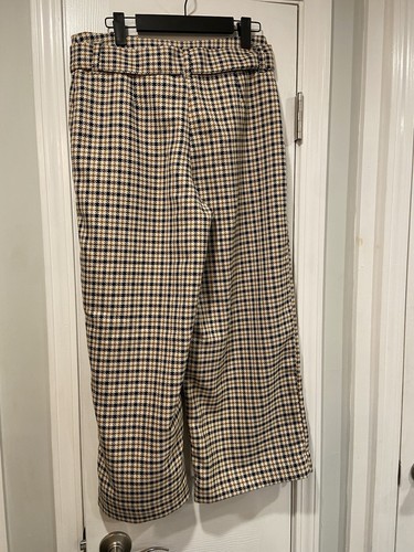 H&M Size 8 Belted Wide Leg Cream Brown Black Houndstooth Gingham Trouser Pants - Picture 5 of 9