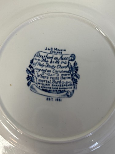 Plato de cena azul J & G Meakin Stratford on Avon Inglaterra COMO NUEVO 10" con Shakespeare - Imagen 4 de 6