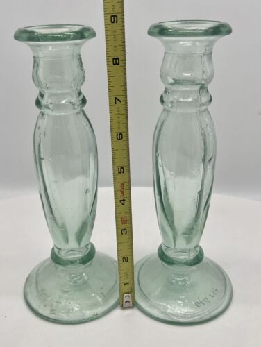 2 Vintage Heavy Duty Green Tinted Candle Holders (GAO MI) For Tapered Candles