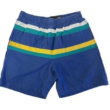 Vtg 80's Pipeline Men Blue Swim TRUNKS Yellow STRIPE Beach SURFER Shorts S