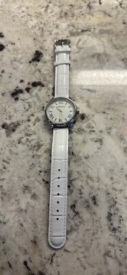 WEMPE Unisex Stainless Steel White Leather Strap Roman Watch Sealed Crystal Face