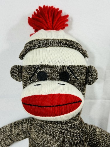 Schylling Sock Monkey Plush 22" Brown White 2009 Pom Pom Hat Red Bottom Toy - Picture 6 of 7