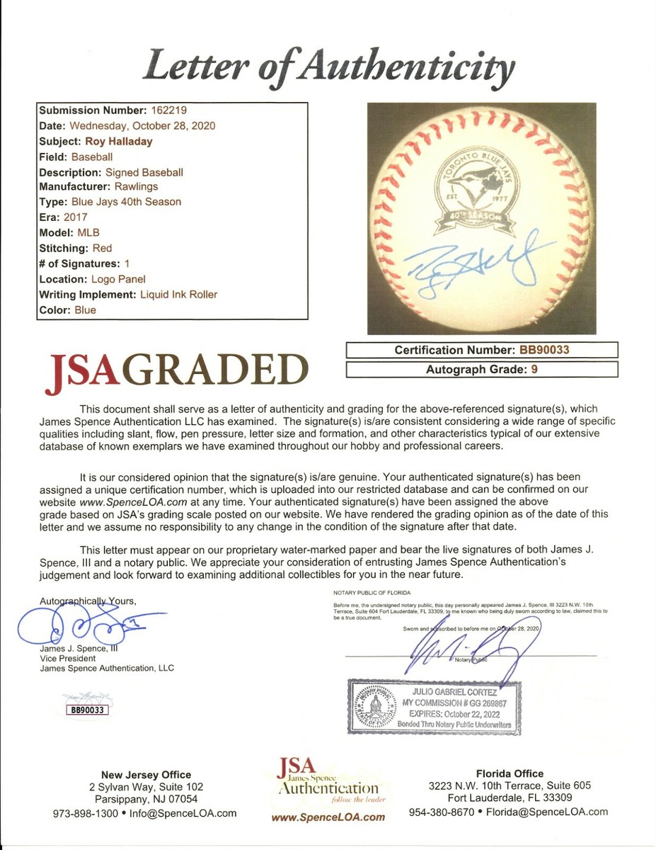 Roy Halladay signed Blue Jays Logo Baseball JSA LOA AUTO GRADE 9