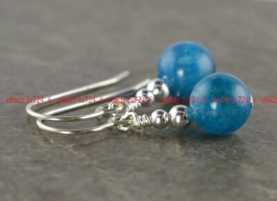 Exquisite Beauty Blue Apatite Gemstone Round Beads Silver Drop Earrings 8mm