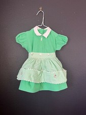 Vintage 50s Baby Girl Toddler Green Handmade Day Dress with Gingham Apron