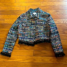 Milly Jacket Womens Medium Multicolor Tweed Cropped Stretch Fringe Hem $650