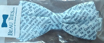 Beau Ties Hand Sewn Bow Tie Cotton Adjustable Pale Blue French Words Phrases NEW