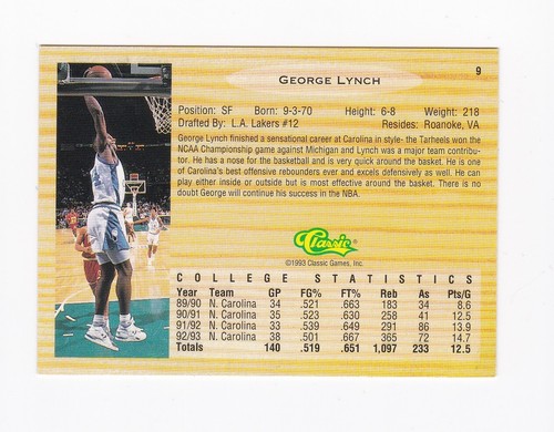 1993 Classic #9 George Lynch RC North Carolina UNC Lakers - Picture 2 of 4
