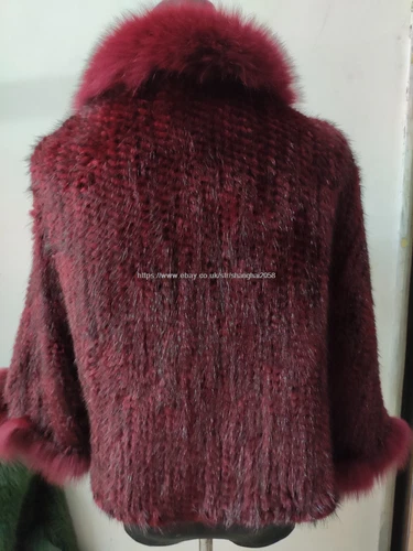 Handmade Knit Real Genuine Mink Fur Coat with Fox Fur Collar Shawls Wraps Cape - Picture 40 of 47