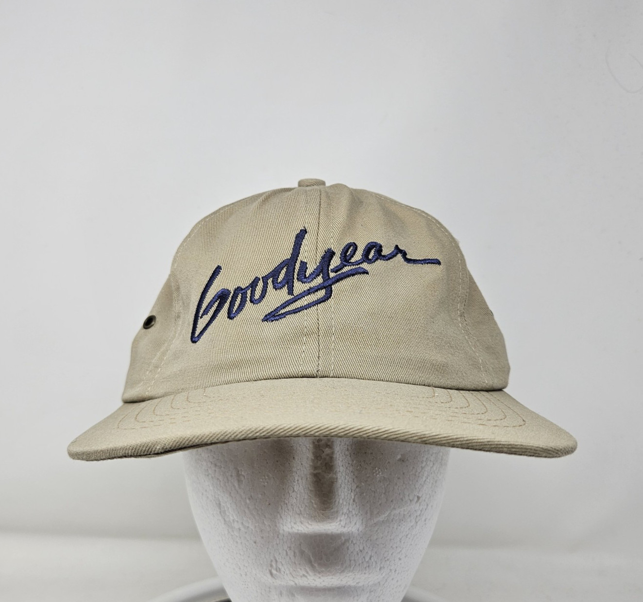 VINTAGE Goodyear Hat Cap Strap Back Tan Embroidered Tire Promo Mens Made USA 90s