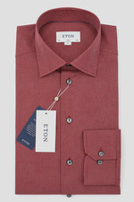 Men Eton Shirt Button Under Collar Single Cuff Burgundy Slim Fit Size 39 15.5