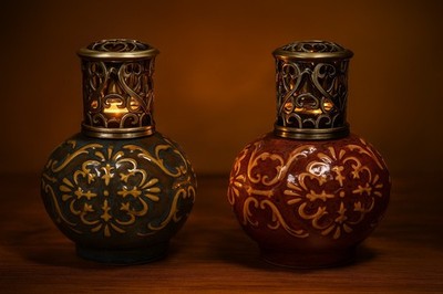 Vintage Ceramic Diffusers With Ornate Metal Scroll Lid Blue & Maroon Lovely