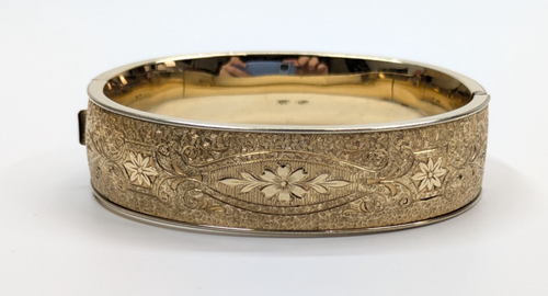 Vintage 12k Gold gefüllt Floral geätzt detailliert 5/8" breit aufklappbar Armreif Armband