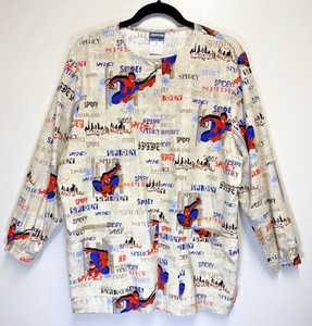 Marvel Spiderman Scrubs Lightweight Jacket Snap Up Size Medium Long Sleeve AOP