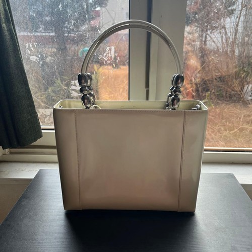 90s Christian Dior Maris Pearl Tote Bag 2way Shoulder Off White Patent leather
