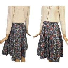 Vintage 60s Floral Tapestry Pleated Cotton Midi Skirt Grey Red Green High Waist