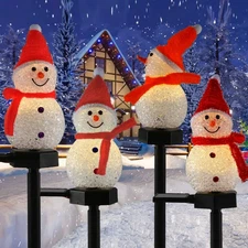 Set of 4 LED Solar Christmas Snowman Pathway Light Walkway Landscape Stake Light