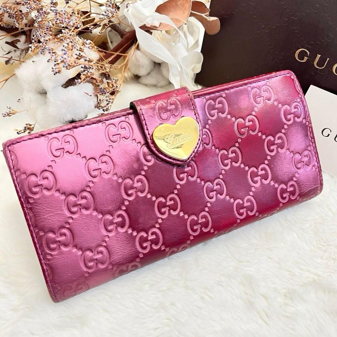 GUCCI Lovely Heart GG Guccissima Long Wallet  Leather Pink W/Box ShopCard