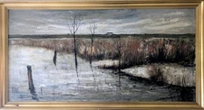 40" Vintage midcentury 1965 French Impressionist Winter Landscape Painting FRANC