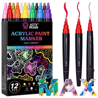 12 Colors Acrylic Paint Markers, 3 Tips Multi-Purpose & High-Capacity Acrylic...