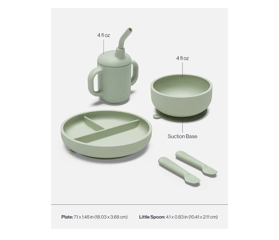 Juego de alimentación para bebé de silicona no tóxica Lalo 6 piezas - placa de succión, cuenco, cucharas, babero Foto 2 de 4