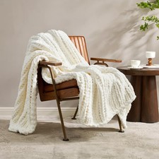 Chunky Knit Handmade Chenille Cable Knitted Crochet Throw Blanket, Ivory-Amelie
