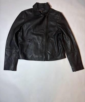 のん Ted Baker Womens Black Leather Jacket Moto Minimal Zip Cropped