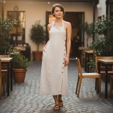 Reformation $248 Mar Linen Dress in Oatmeal side buttons size 2