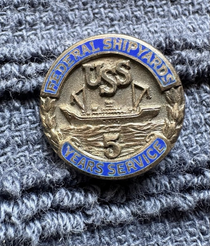 Pre-WWII Sterling Federal Shipyards 5 Years Service Numbered Award Badge Pin