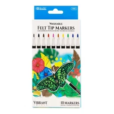 BAZIC 10 Colors Felt Tip Washable Markers, pack of 24