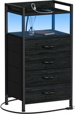 Furnulem Night Stand with Charging Station, Black Nightstand Oak